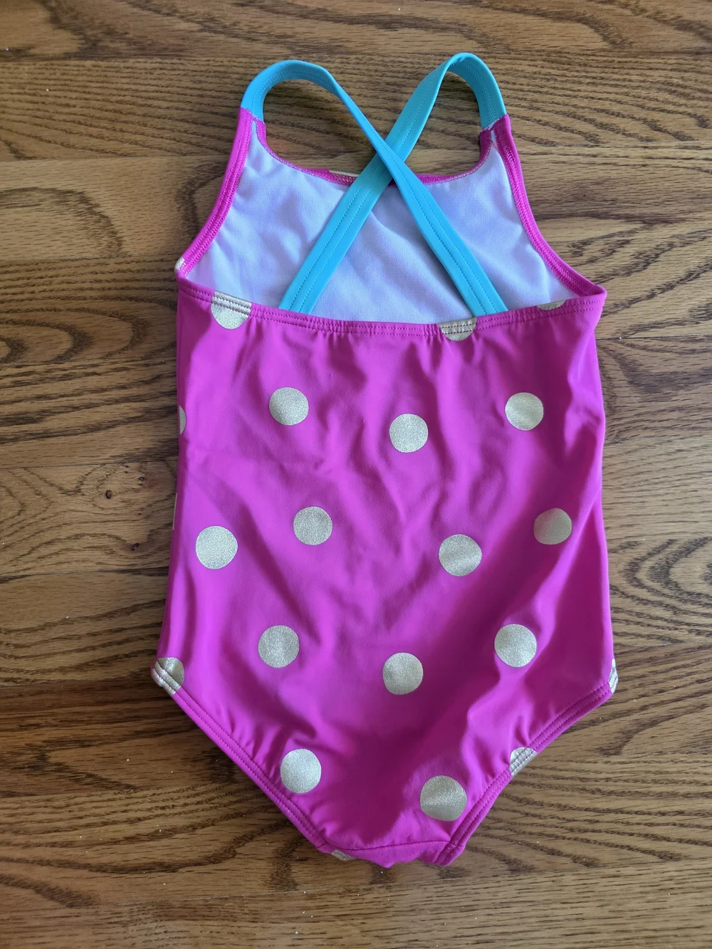 Mini Boden Hot Pink One-Piece Swimsuit with Gold Polka Dots and Turquoise Straps